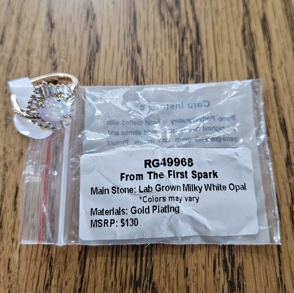 Bomb Party "From The First Spark" Gold Plated Lab Grown Milk White Opal Size 7.